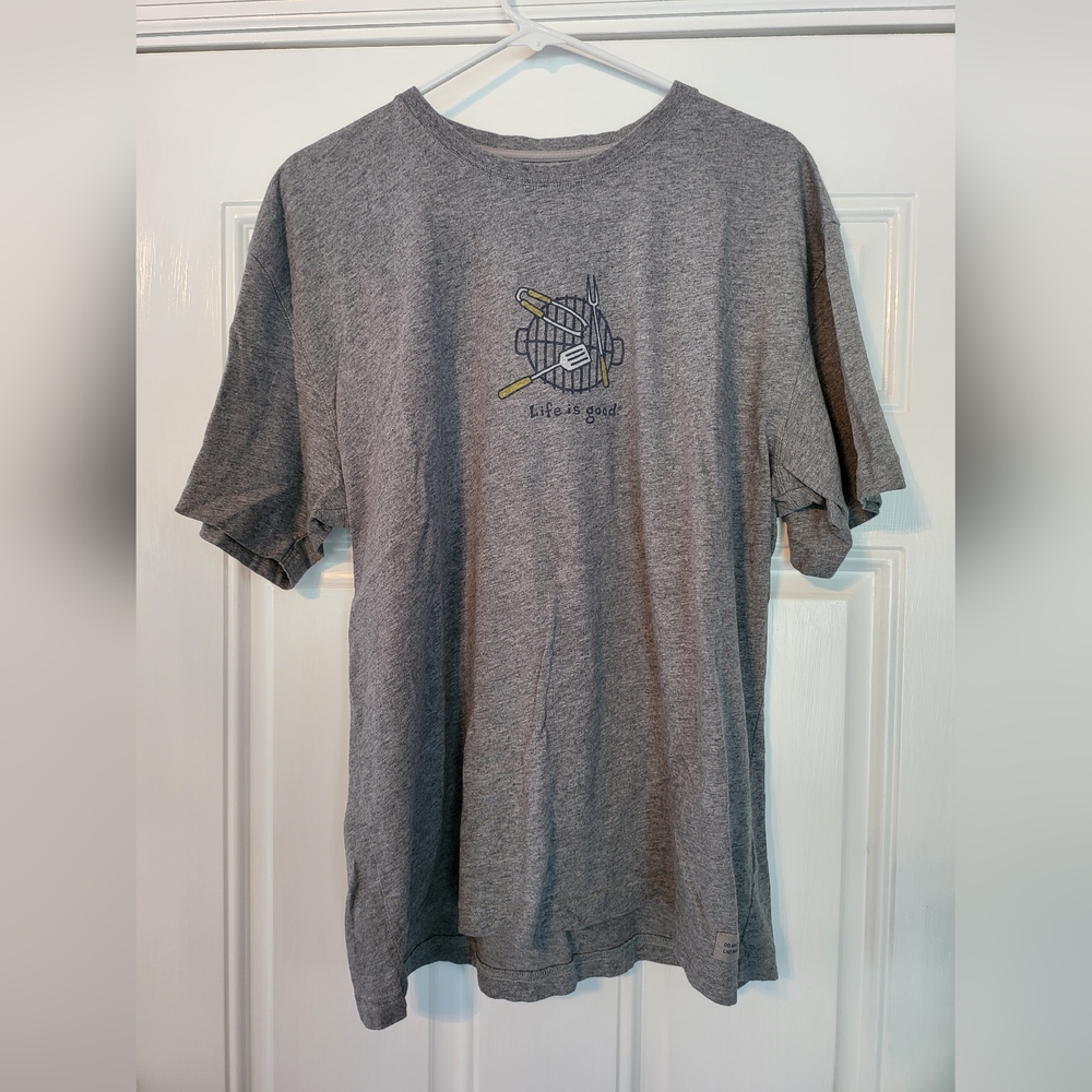 Life Is Good Gray Men's L Large Short Sleeve T-Shirt Cookout Utensils